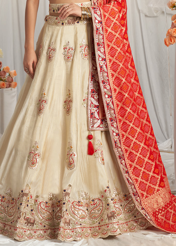 Cream White & Red Tissue Lehenga Choli Intricate with Gotapatti Embroidery Work