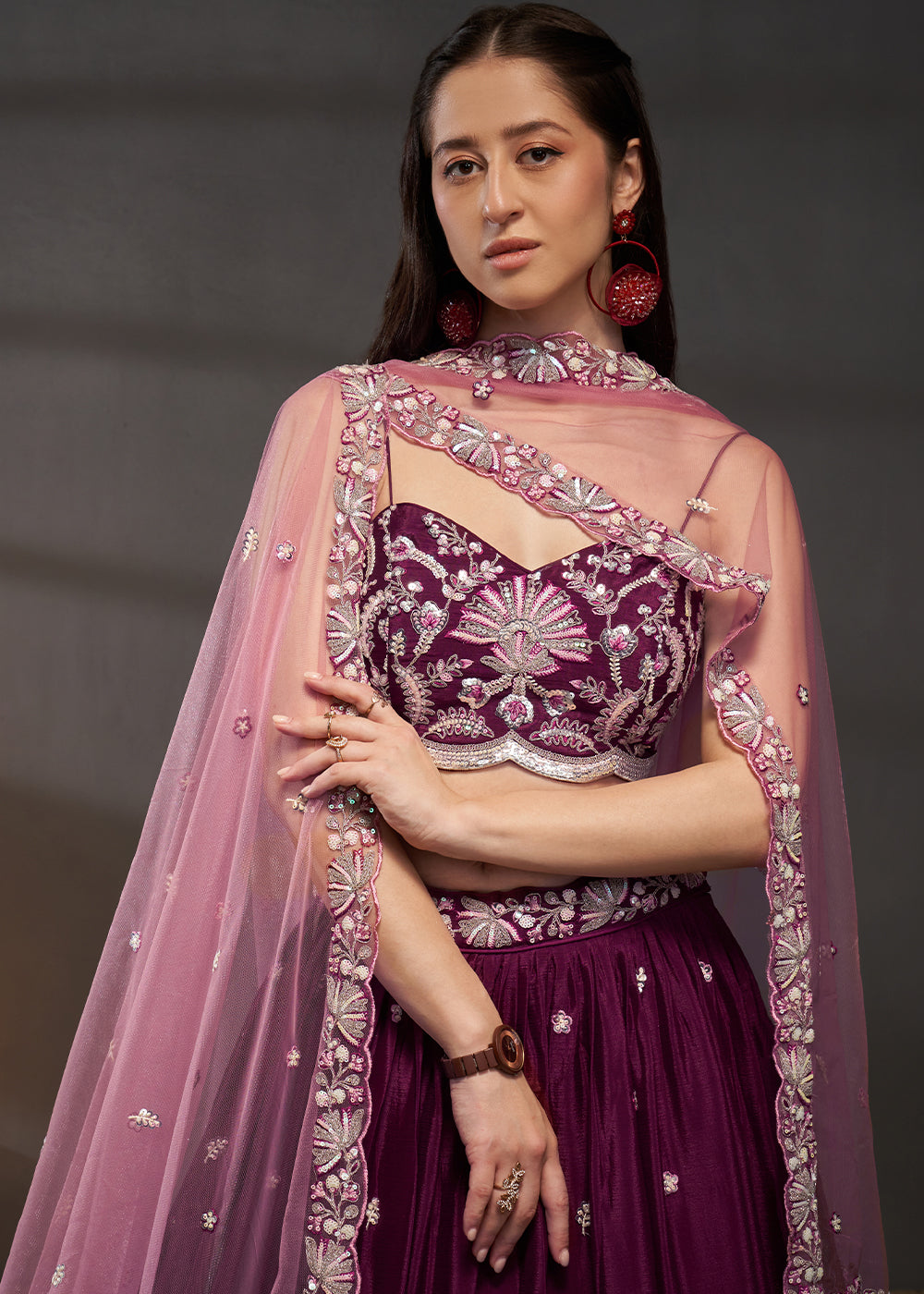 Claret Purple Chiffon Lehenga Choli Adorned with Sequins Embroidery