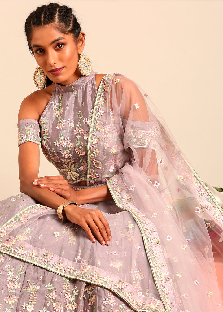 Thistle Purple Georgette Lehenga Choli Highlighted with Zarkan and Sequins Work