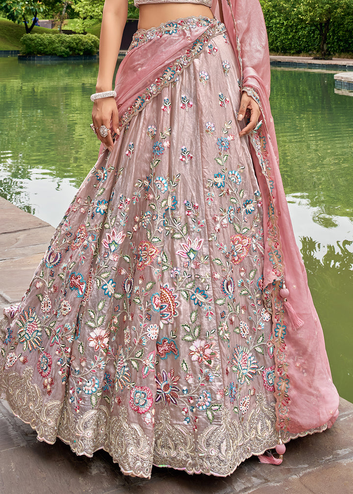 Rose Gold Pink & Purple Organza Lehenga Choli Decorated with Sequins & Mirror Work