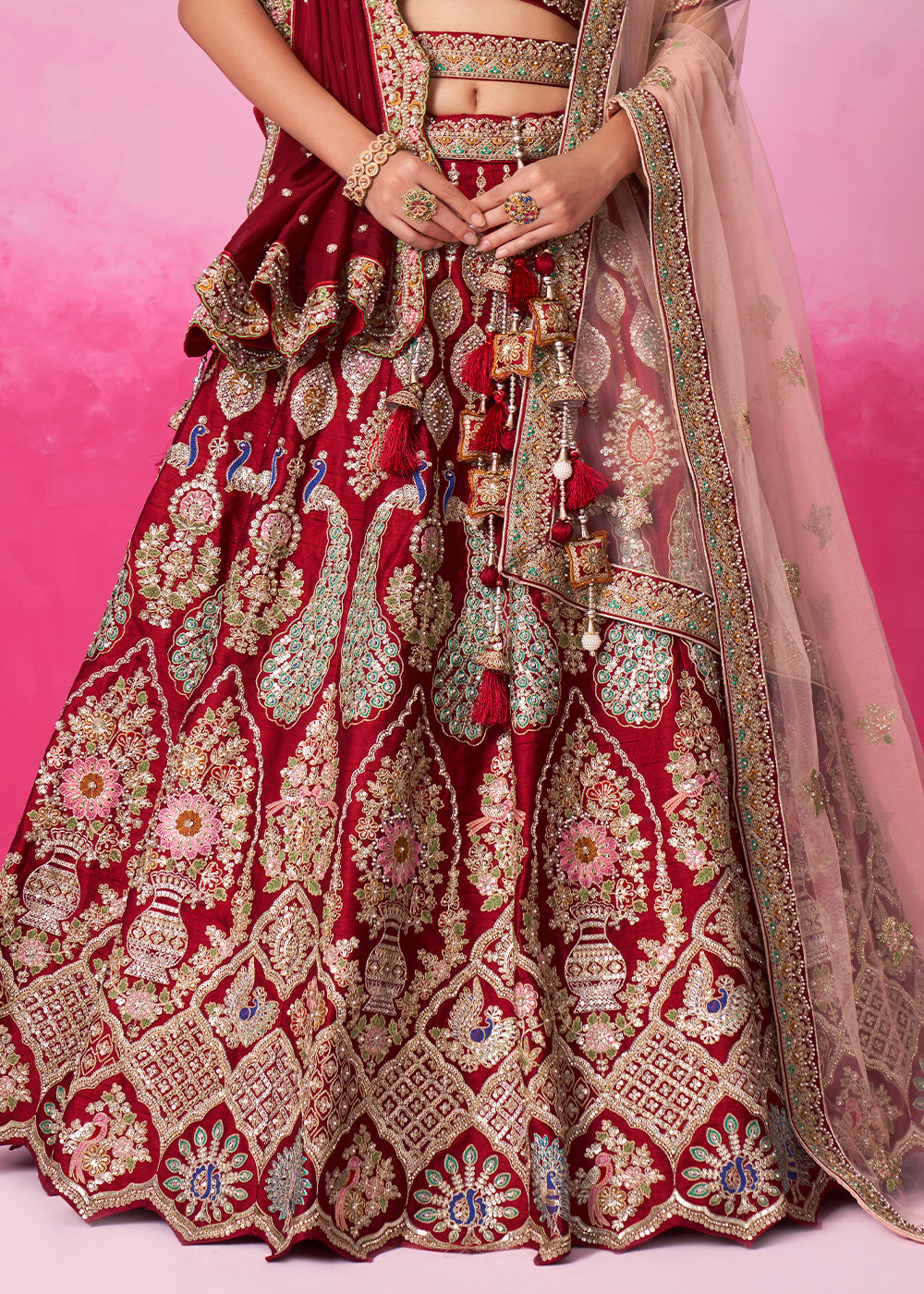 Maroon Red Silk Lehenga Choli Adorned with Moti & Sequins Embroidery Work: Bridal Collection