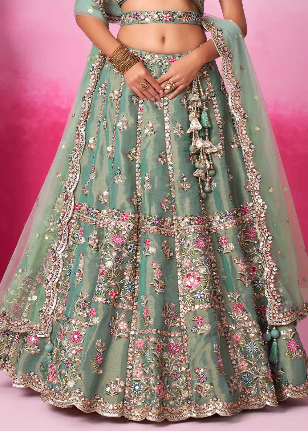 Pistachio Green Net Lehenga Choli Adorned with Moti & Sequins Embroidery Work