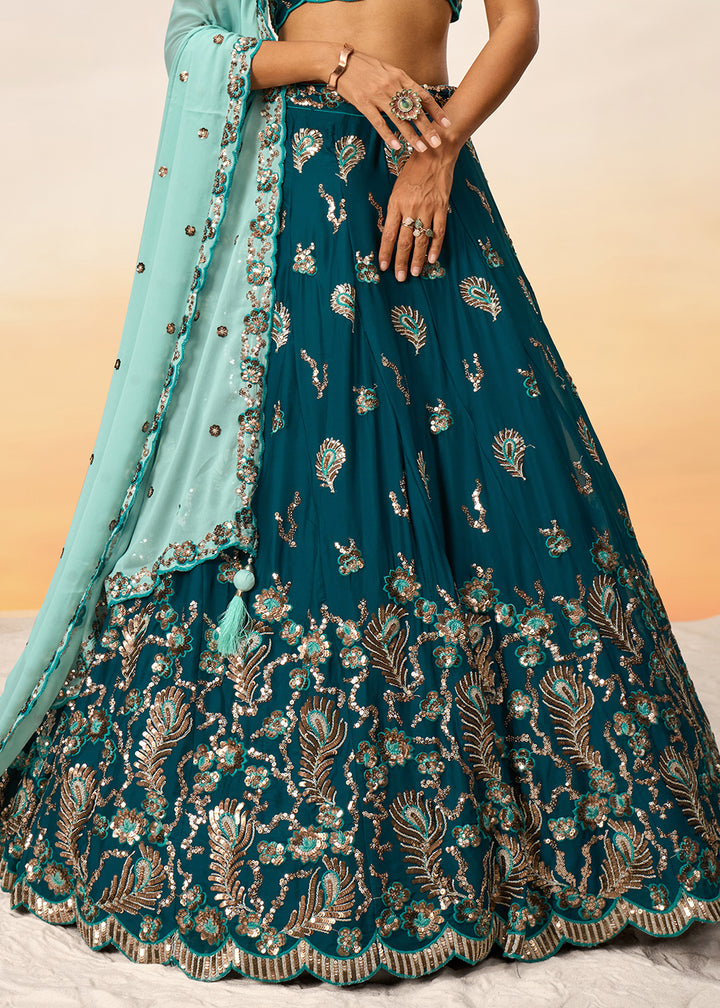 Teal Blue Georgette Lehenga Choli Adorned with Sequins Embroidery