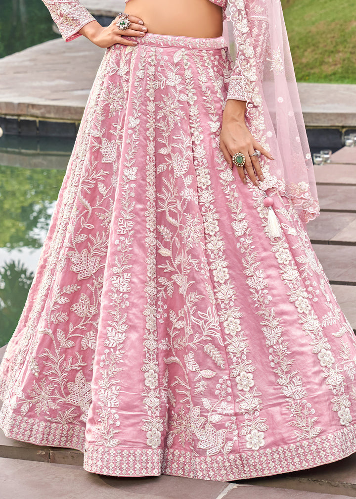 Flamingo Pink Organza Lehenga Choli Decorated with Sequins Work