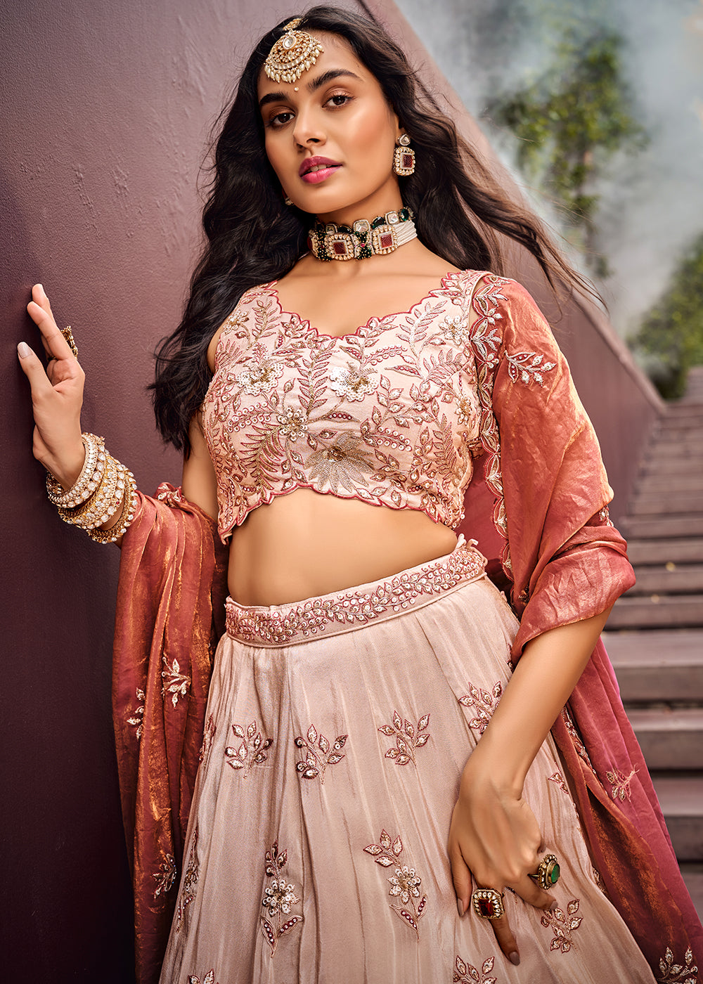 Rose Gold Pink Viscose Rayon Lehenga Choli Adorned with Sequins Embroidery Work