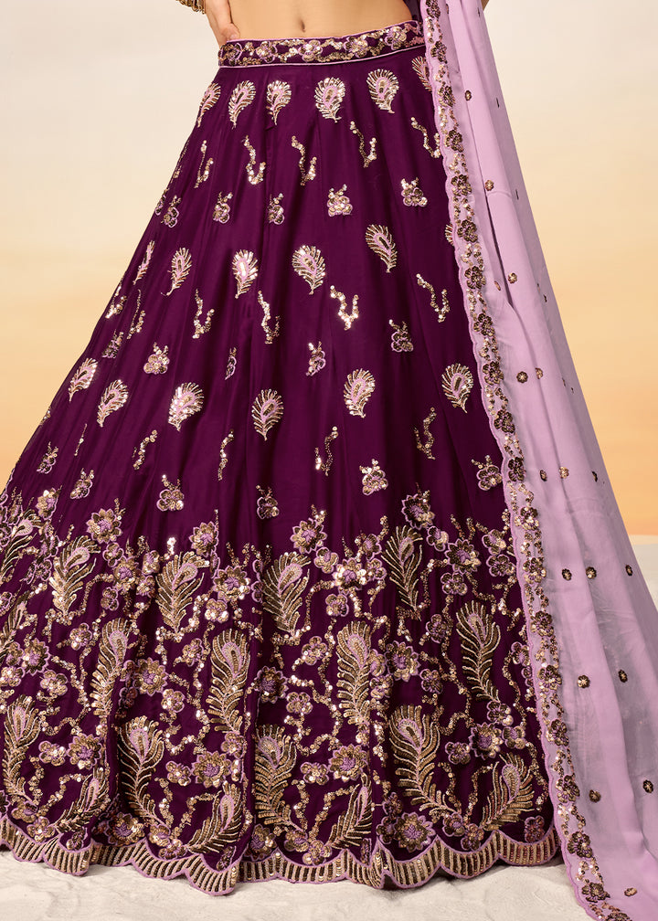 Eggplant Purple Georgette Lehenga Choli Adorned with Sequins Embroidery