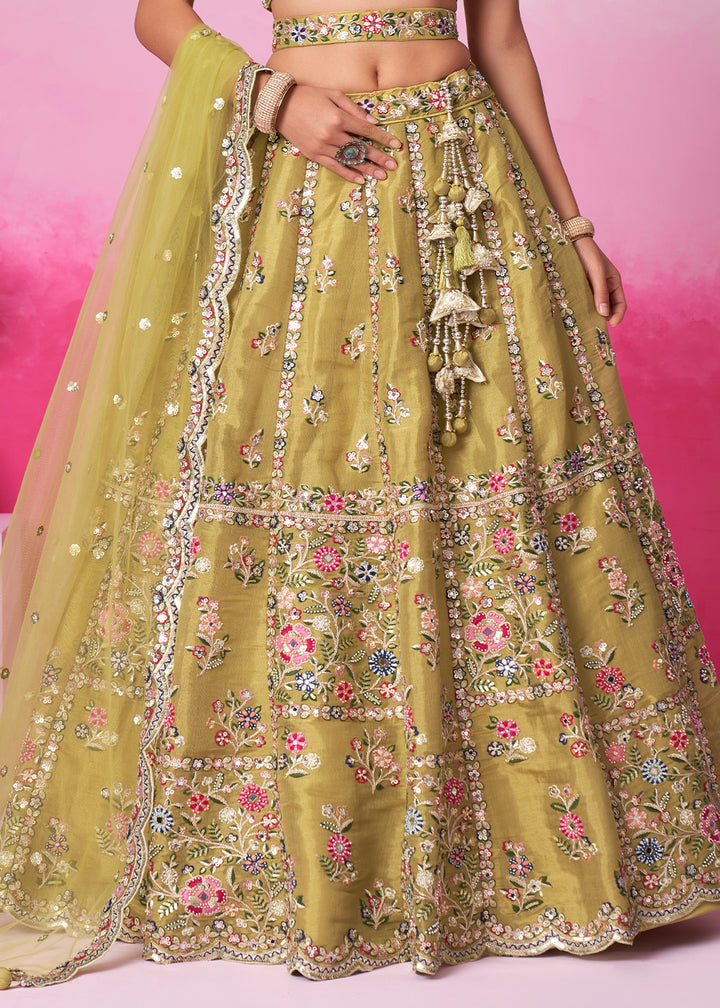 Mustard Green Net Lehenga Choli Adorned with Moti & Sequins Embroidery Work