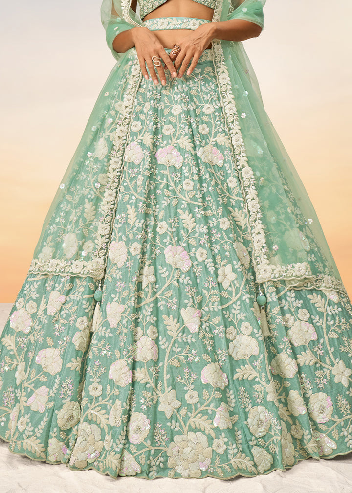 Pastel Green Georgette Lehenga Choli Highlighted with Sequins & Zarkan Embroidery