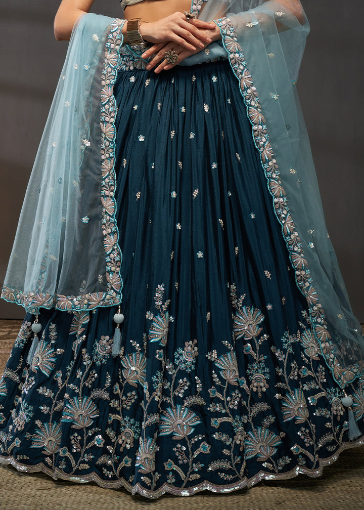 Prussian Blue Chiffon Lehenga Choli Adorned with Sequins Embroidery