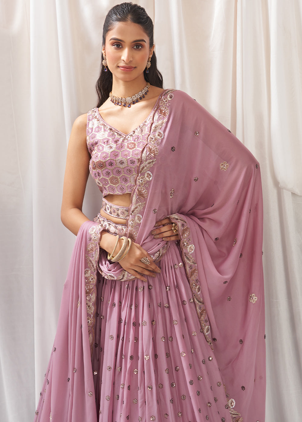 Lilac Purple Georgette Lehenga Choli Adorned with Sequins Work