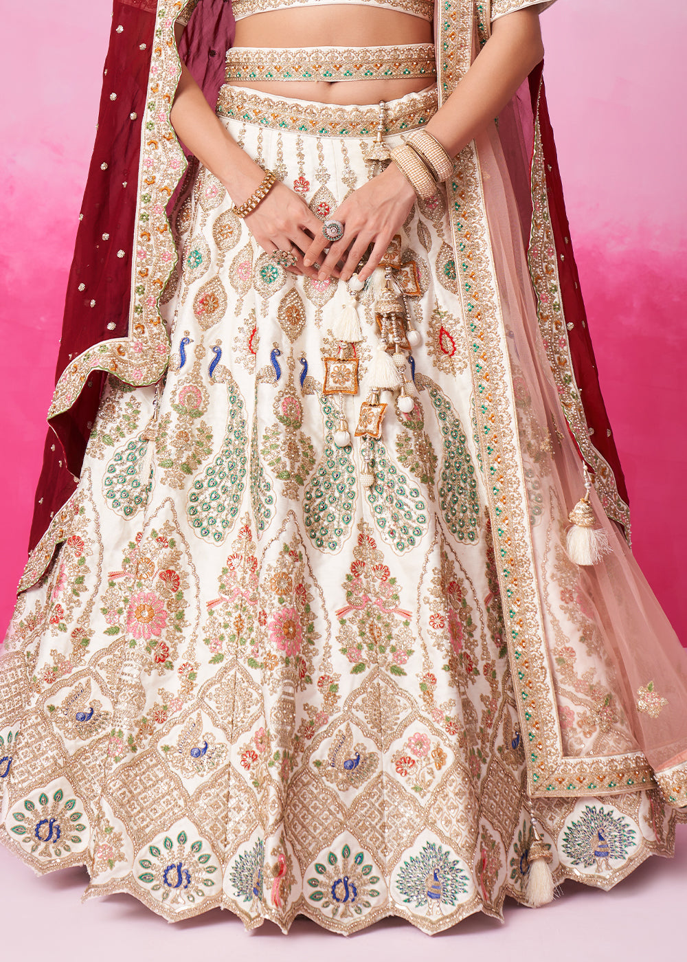 Cream White Silk Lehenga Choli Adorned with Moti & Sequins Embroidery Work: Bridal Collection