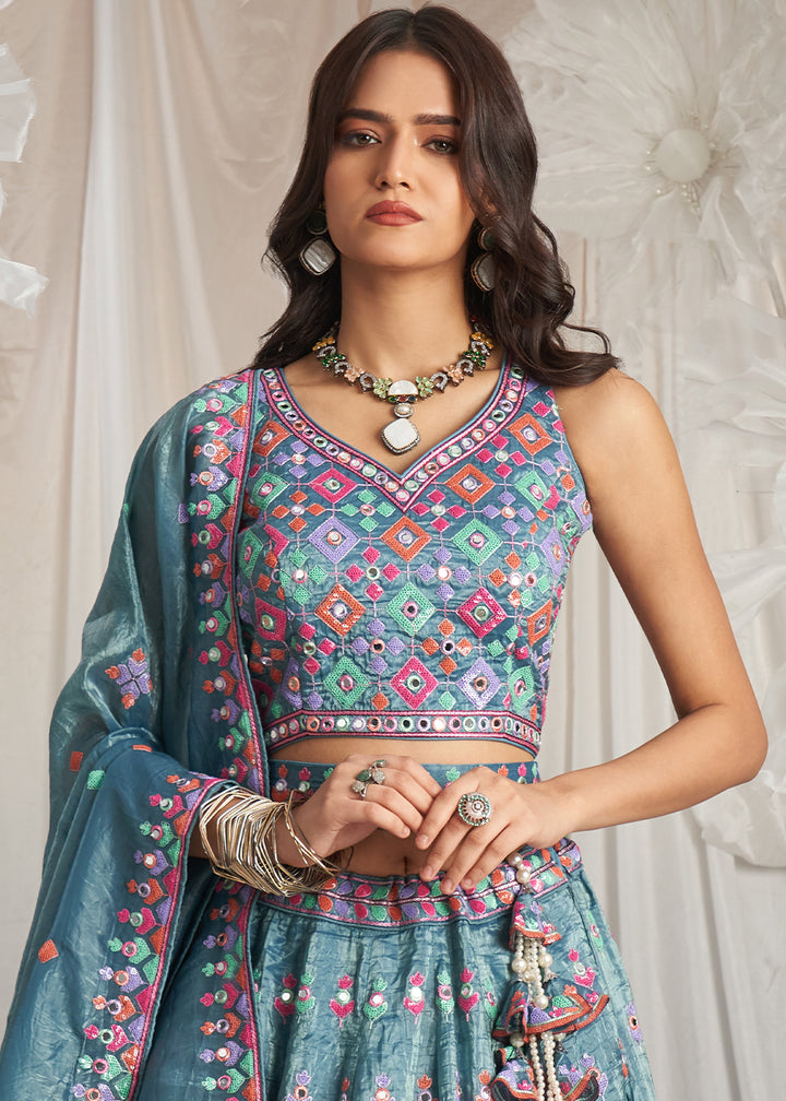 Teal Blue Organza Lehenga Choli Adorned with Sequins & Mirror Embroidery