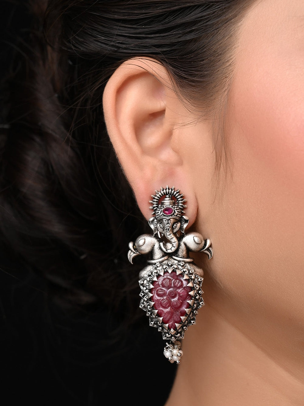 Jessie Ganesha Earrings With Maroon Carved Stone