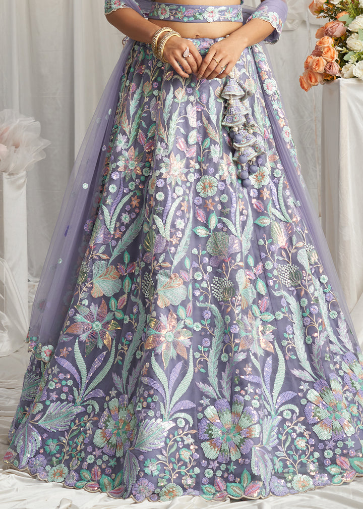 Lavender Purple Net Lehenga Choli Adorned with Sequins Embroidery Work