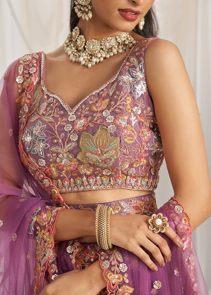 Lilac Purple Organza Lehenga Choli Adorned with Sequins Embroidery Work