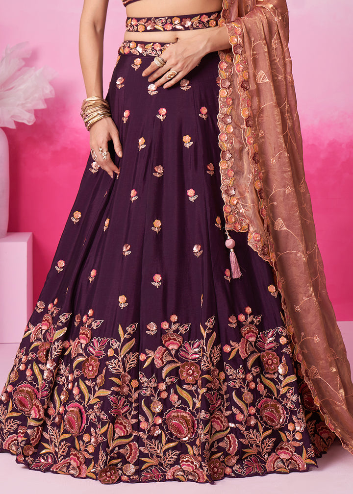 Eggplant Purple Chiffon Lehenga Choli Adorned with Sequins Embroidery Work