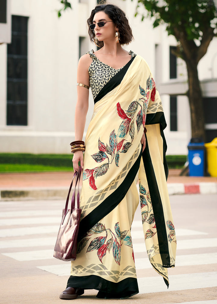 Cream White Designer Printed Satin Crepe Saree