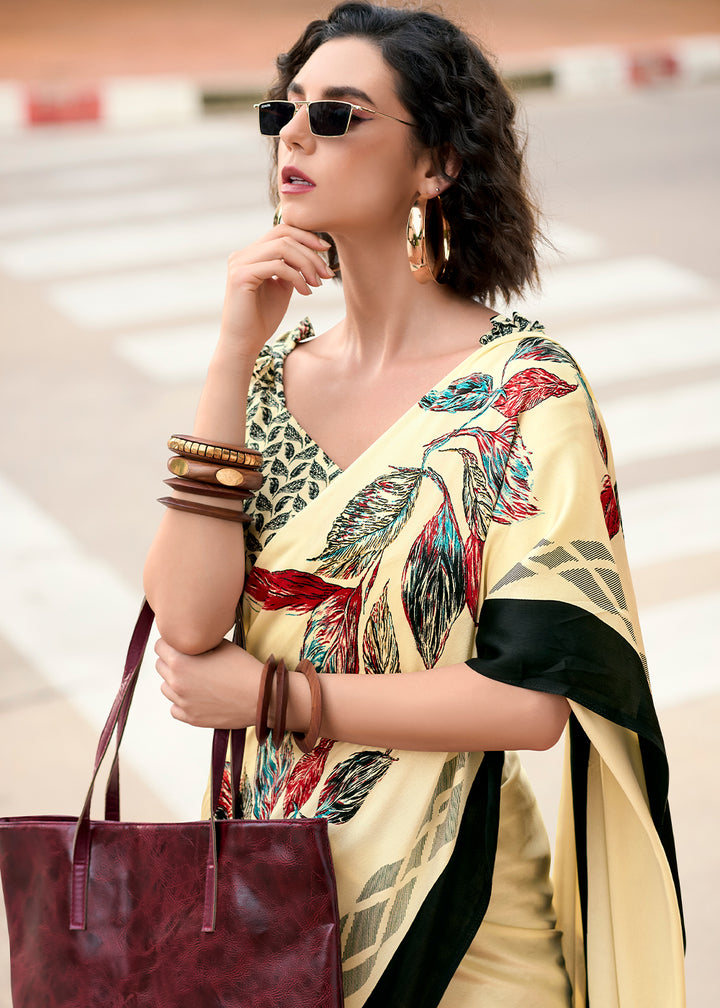 Cream White Designer Printed Satin Crepe Saree