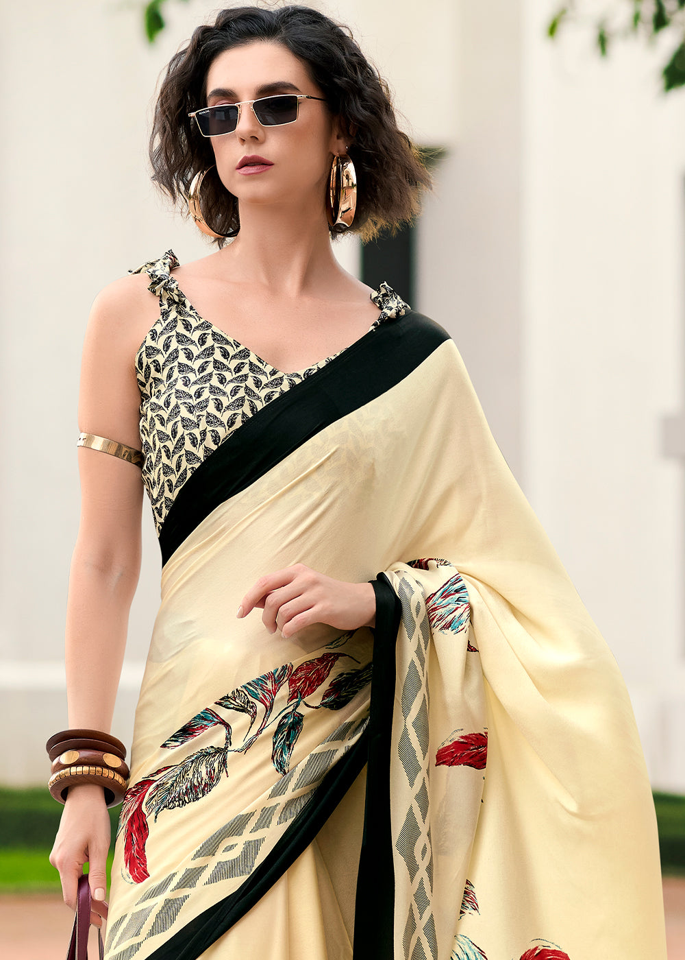 Cream White Designer Printed Satin Crepe Saree