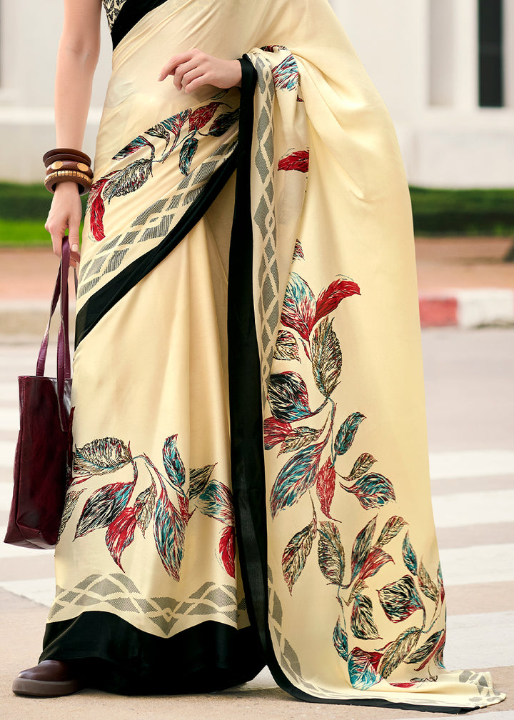 Cream White Designer Printed Satin Crepe Saree