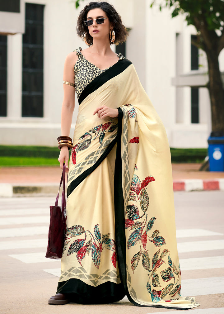 Cream White Designer Printed Satin Crepe Saree