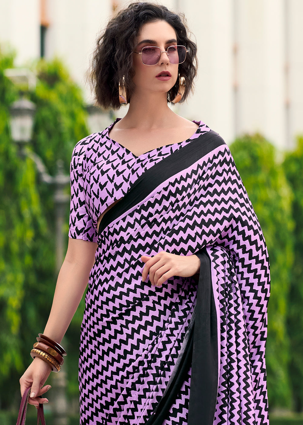 Lilac Purple Designer Printed Satin Crepe Saree