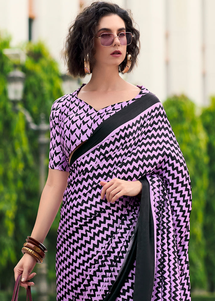 Lilac Purple Designer Printed Satin Crepe Saree