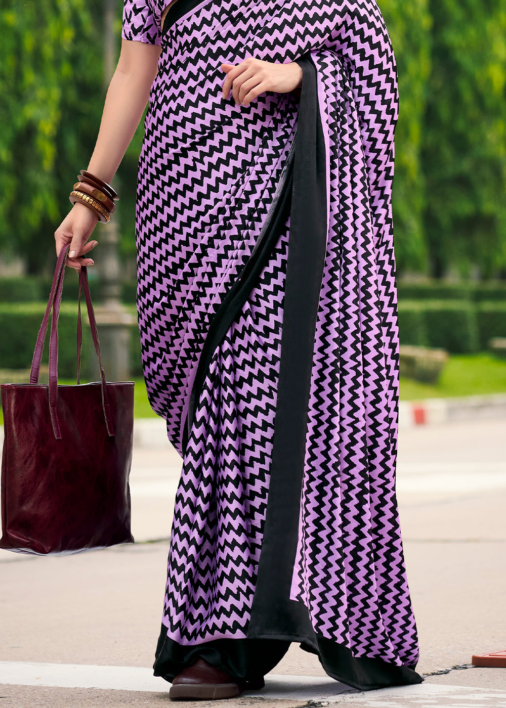 Lilac Purple Designer Printed Satin Crepe Saree