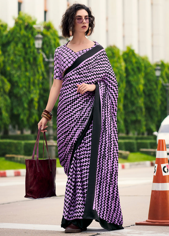 Lilac Purple Designer Printed Satin Crepe Saree