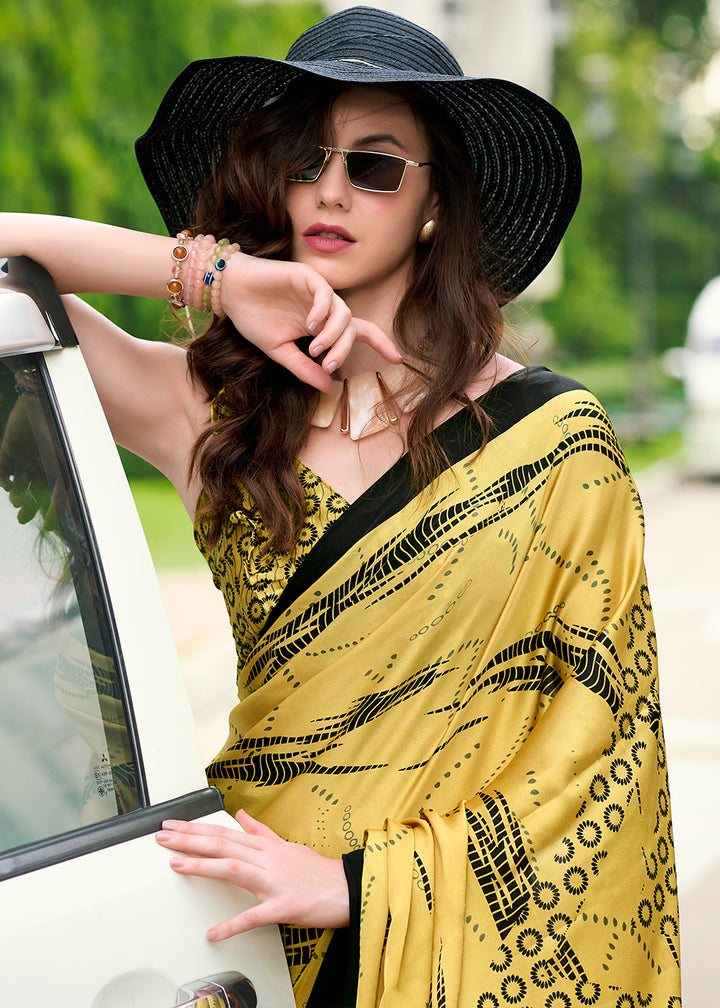 Sunray Yellow Designer Printed Satin Crepe Saree