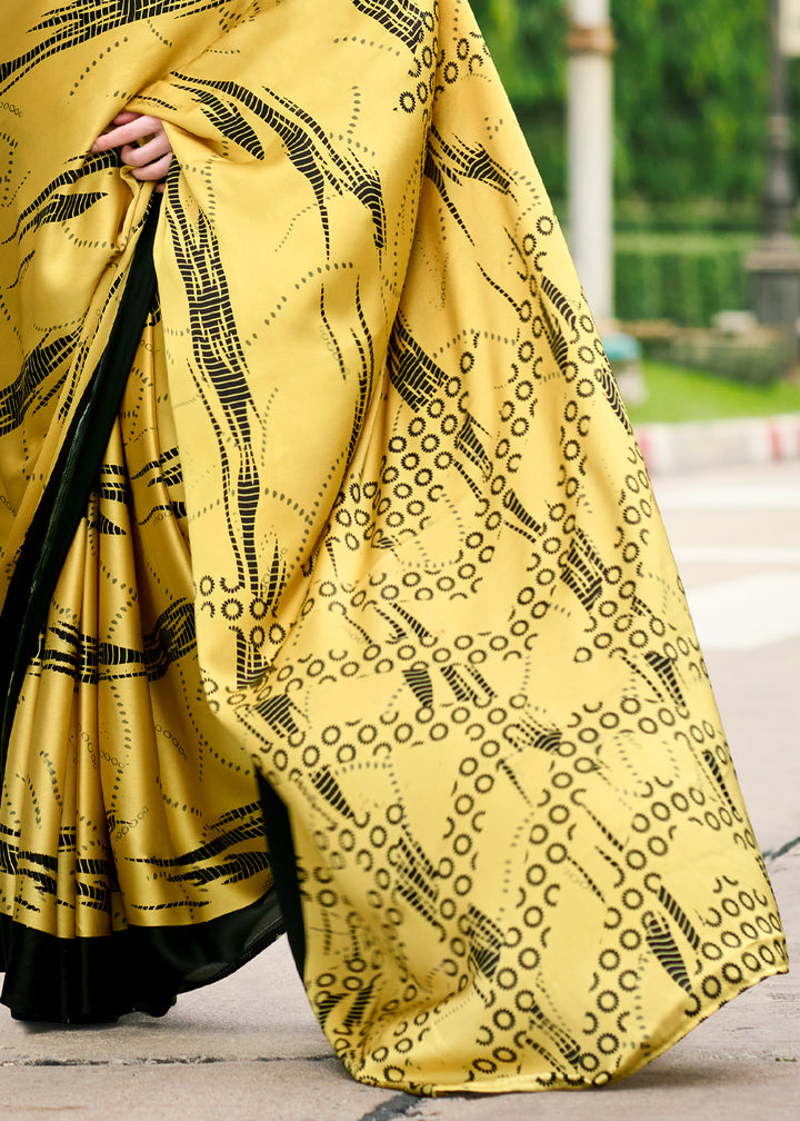 Sunray Yellow Designer Printed Satin Crepe Saree