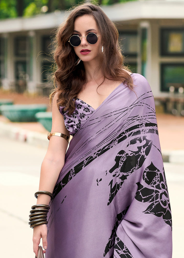 Soft Purple Designer Printed Satin Crepe Saree