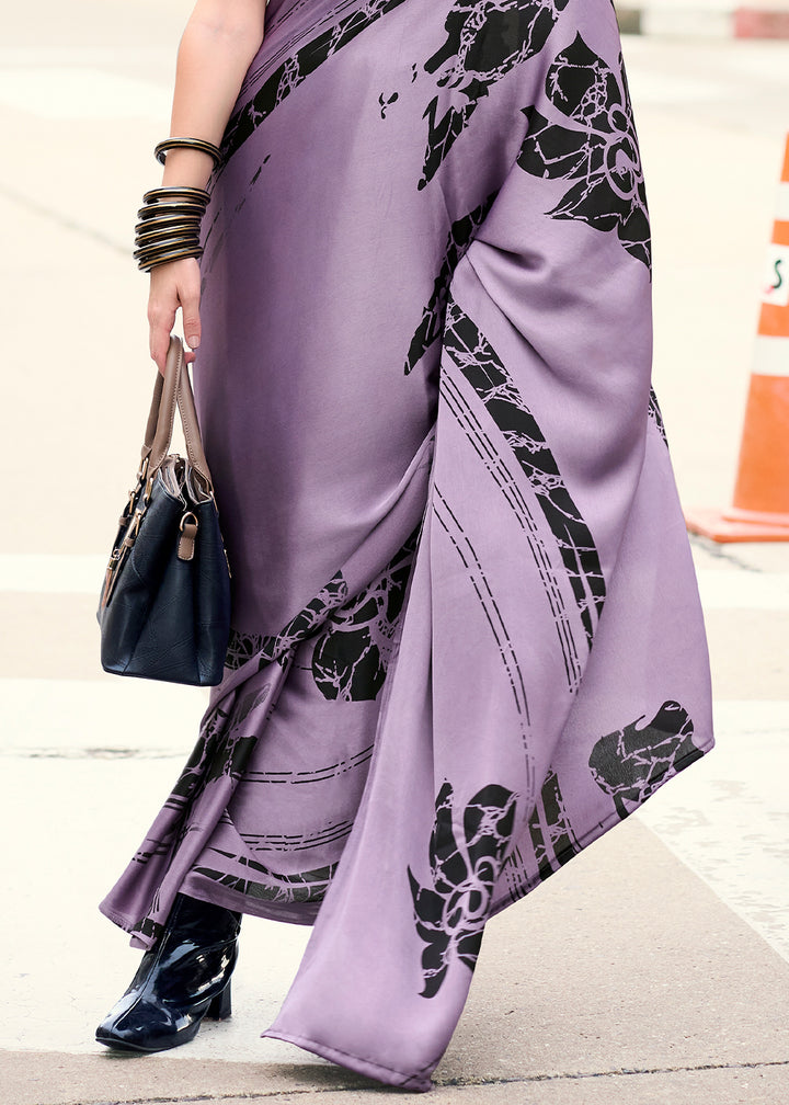 Soft Purple Designer Printed Satin Crepe Saree