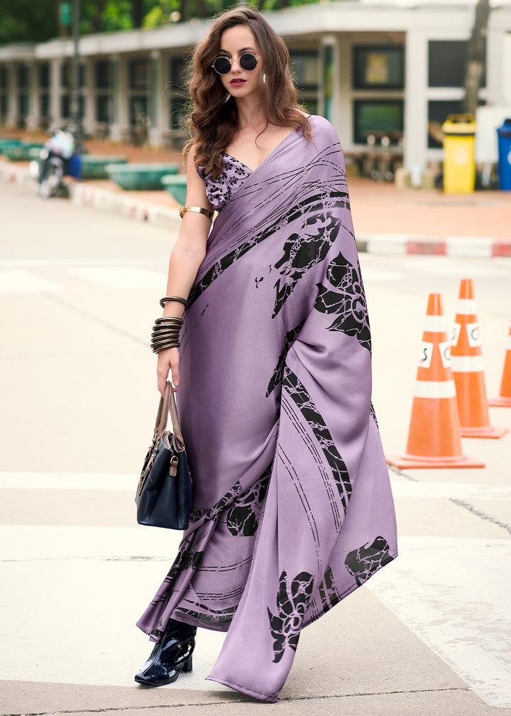 Soft Purple Designer Printed Satin Crepe Saree