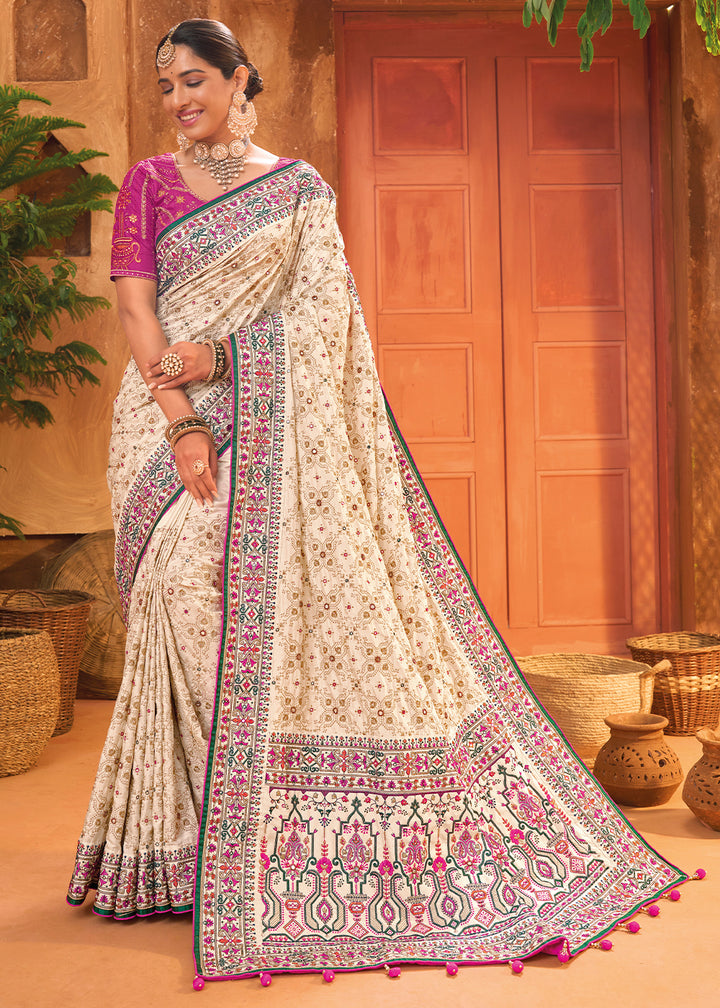 Rice White Banarasi Silk Saree with Heavy Kacchi, Diamond & Mirror Accents