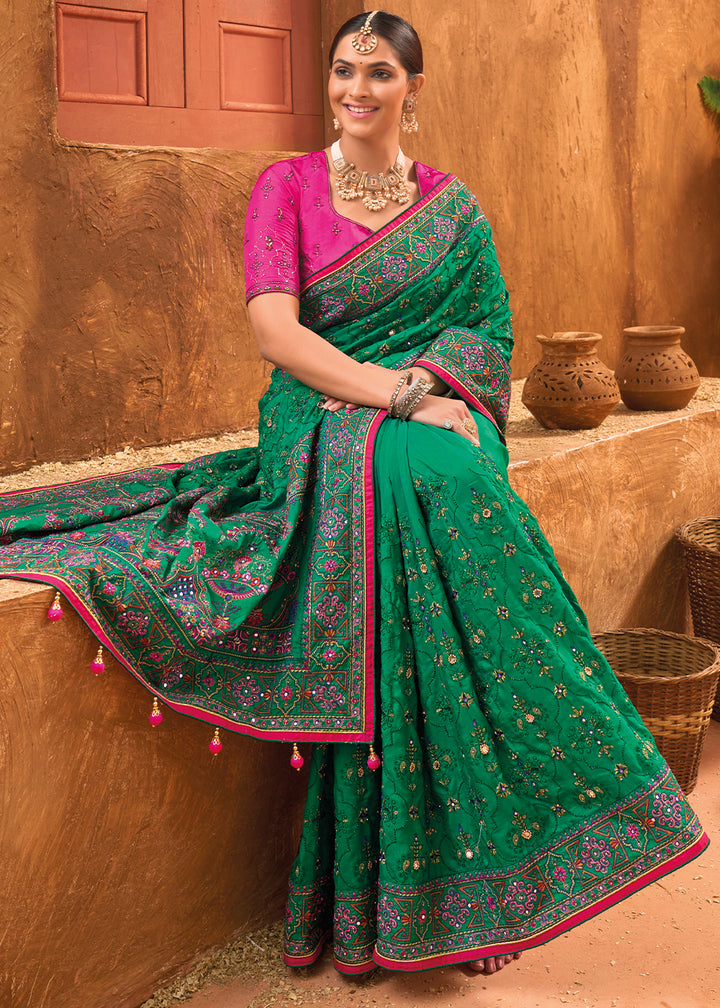 Turtle Green Banarasi Silk Saree with Heavy Kacchi, Diamond & Mirror Accents