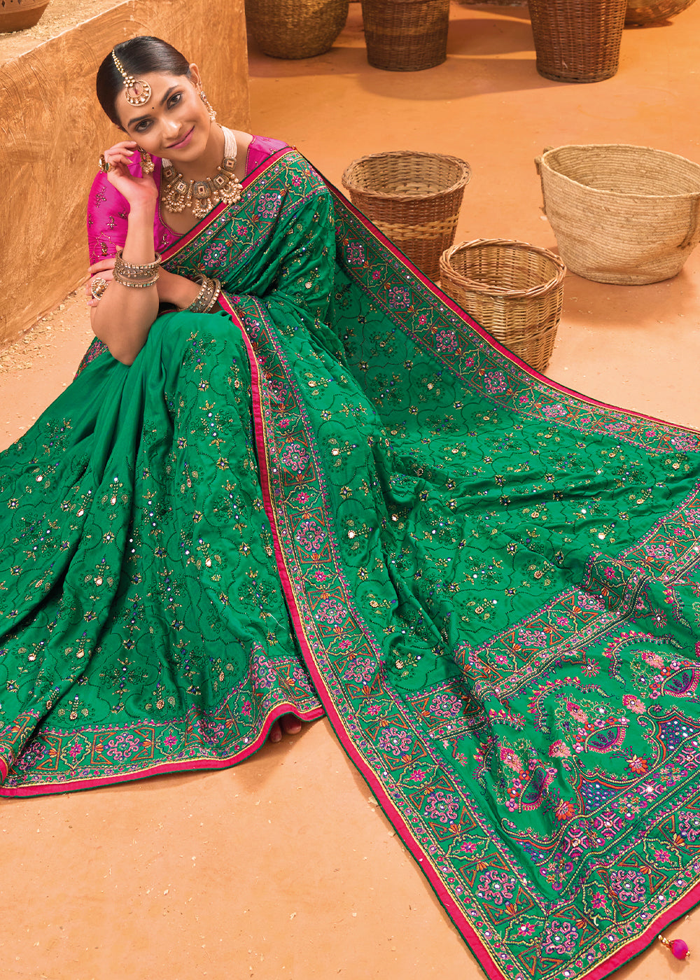 Turtle Green Banarasi Silk Saree with Heavy Kacchi, Diamond & Mirror Accents