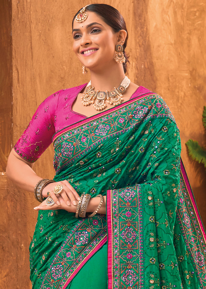 Turtle Green Banarasi Silk Saree with Heavy Kacchi, Diamond & Mirror Accents