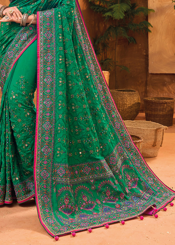 Turtle Green Banarasi Silk Saree with Heavy Kacchi, Diamond & Mirror Accents