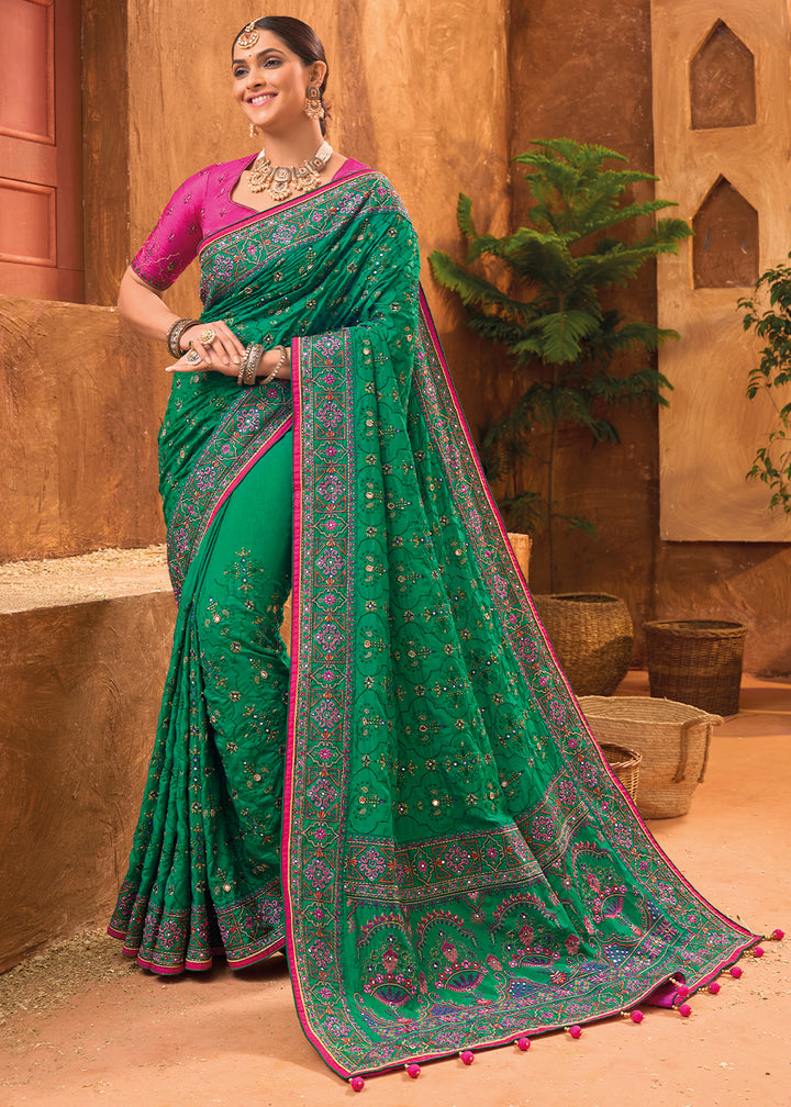 Turtle Green Banarasi Silk Saree with Heavy Kacchi, Diamond & Mirror Accents