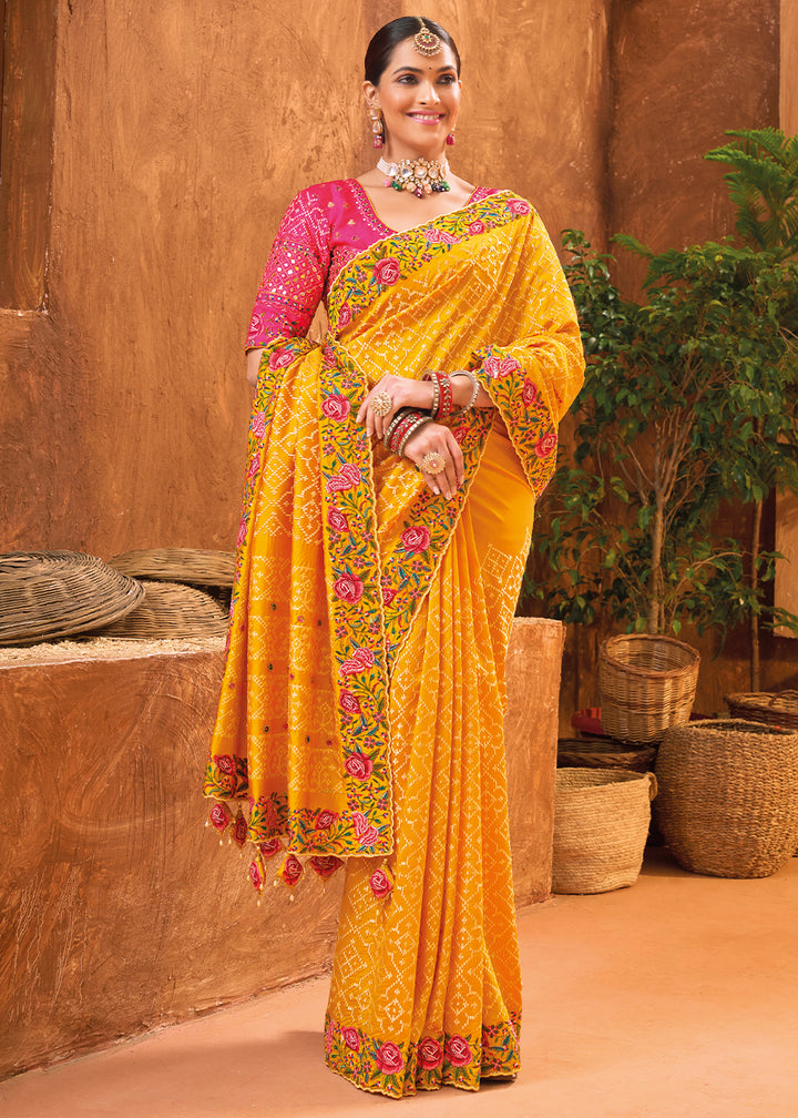 Saffron Yellow Banarasi Silk Saree with Heavy Kacchi, Diamond & Mirror Accents