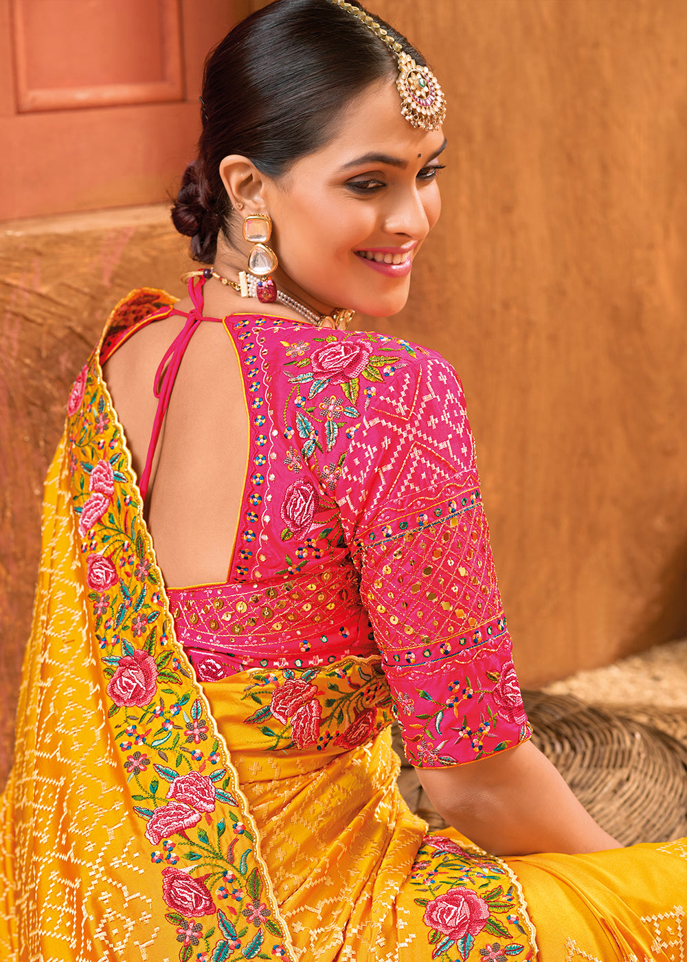 Saffron Yellow Banarasi Silk Saree with Heavy Kacchi, Diamond & Mirror Accents