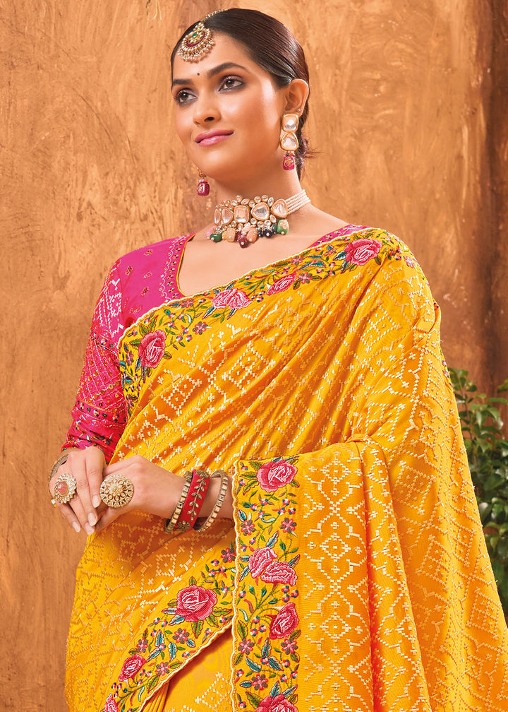 Saffron Yellow Banarasi Silk Saree with Heavy Kacchi, Diamond & Mirror Accents