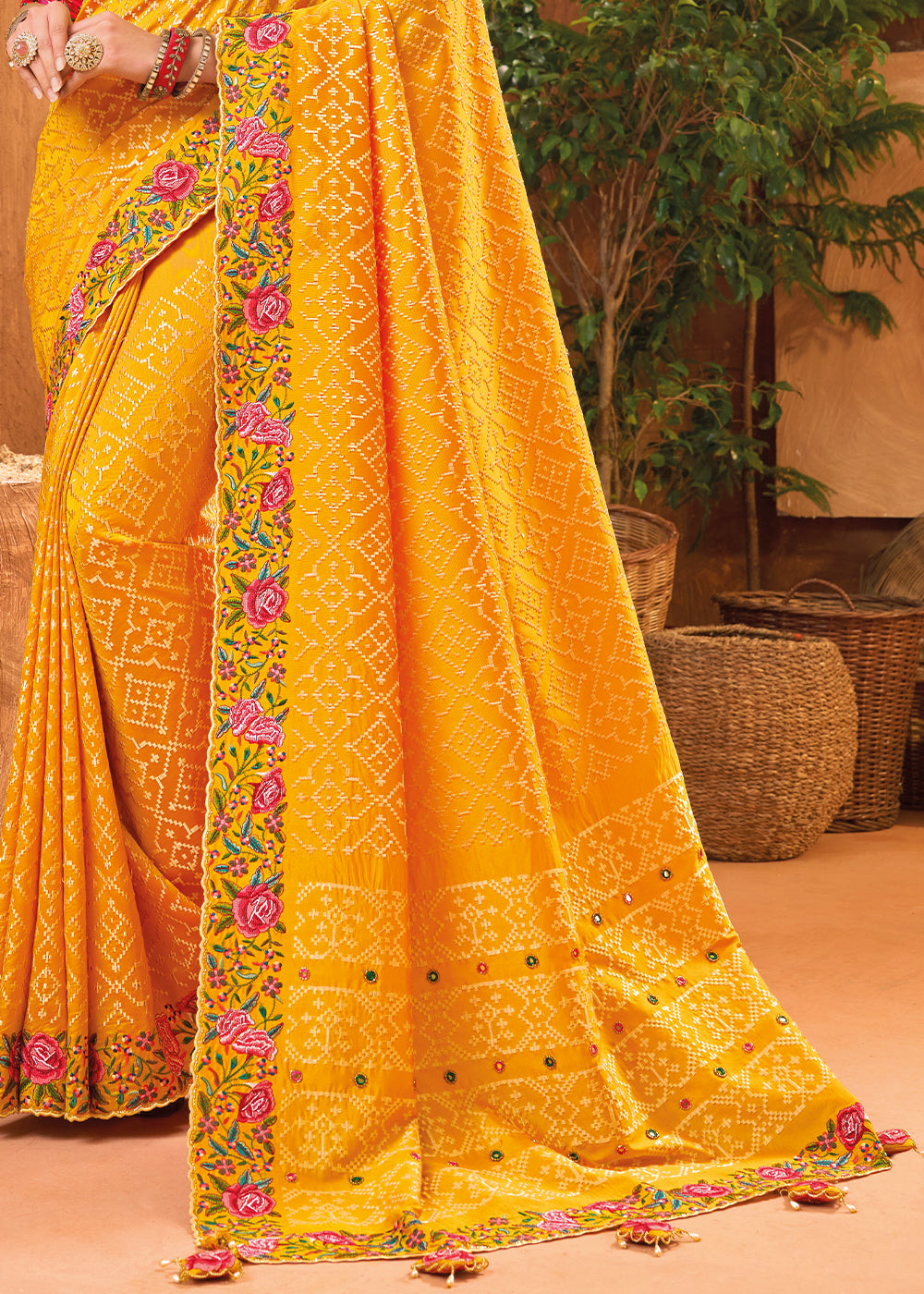 Saffron Yellow Banarasi Silk Saree with Heavy Kacchi, Diamond & Mirror Accents