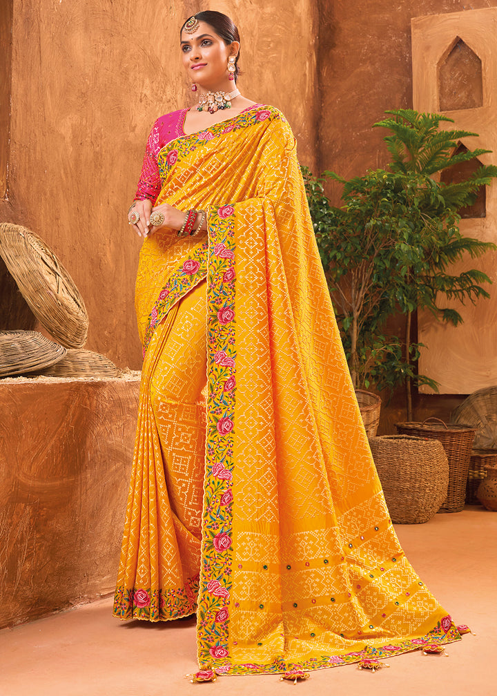 Saffron Yellow Banarasi Silk Saree with Heavy Kacchi, Diamond & Mirror Accents