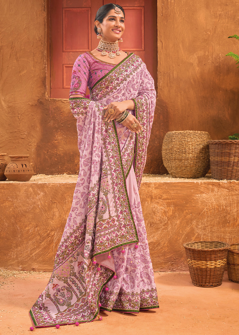 Shades Of Purple Banarasi Silk Saree with Heavy Kacchi, Diamond & Mirror Accents