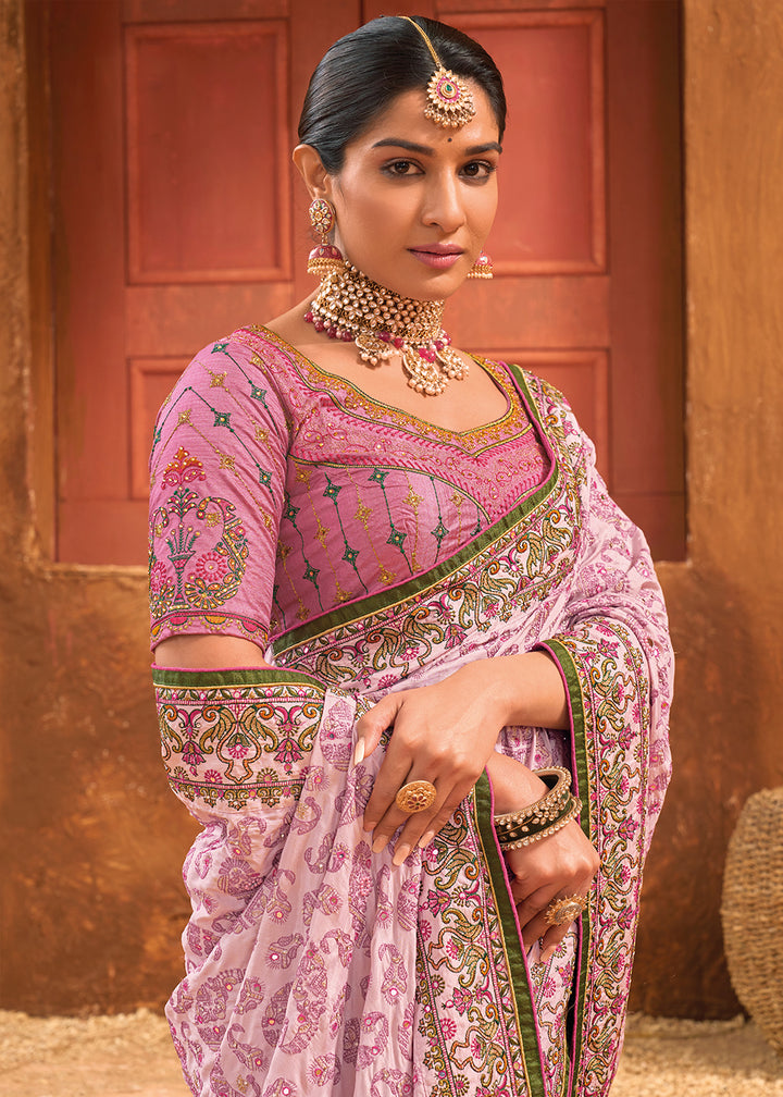 Shades Of Purple Banarasi Silk Saree with Heavy Kacchi, Diamond & Mirror Accents