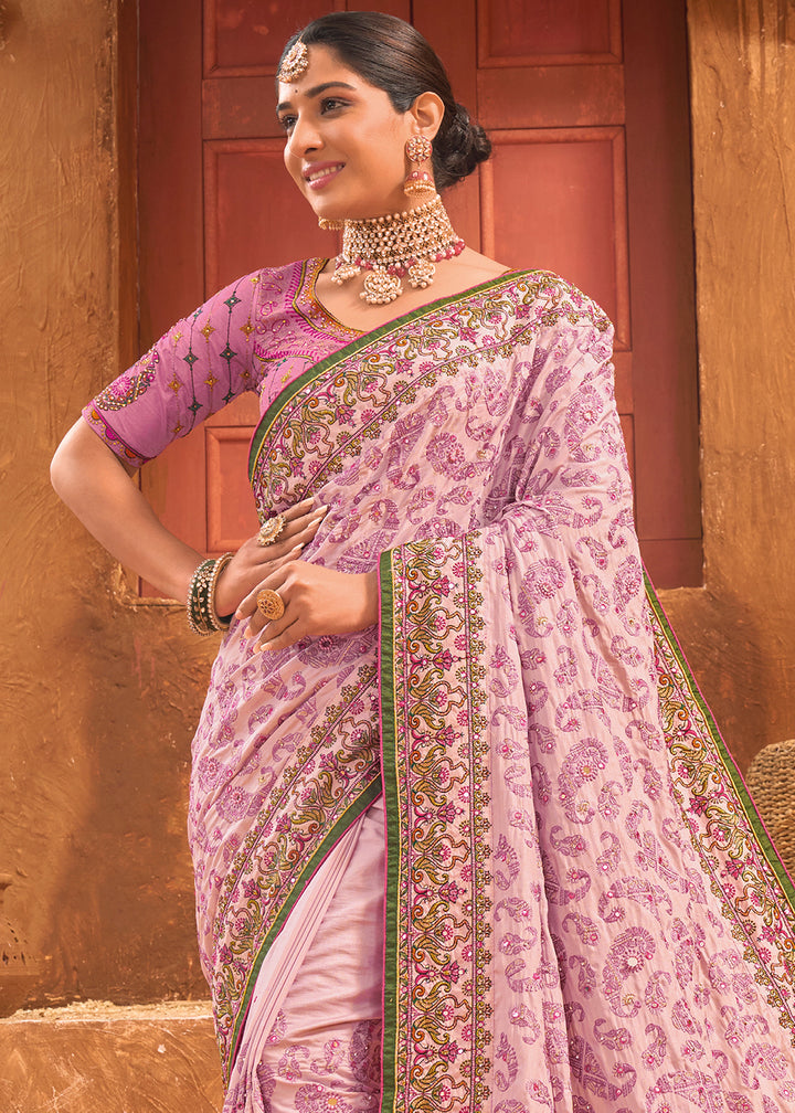 Shades Of Purple Banarasi Silk Saree with Heavy Kacchi, Diamond & Mirror Accents