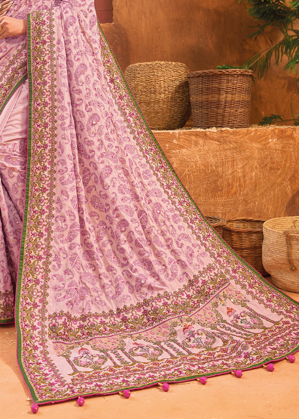 Shades Of Purple Banarasi Silk Saree with Heavy Kacchi, Diamond & Mirror Accents