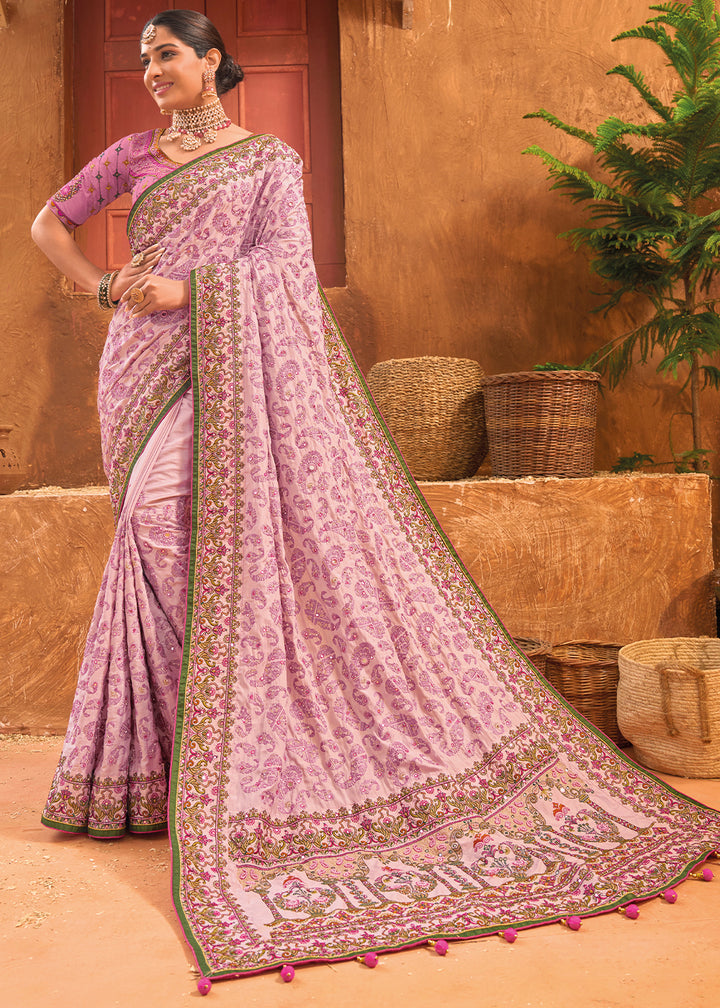 Shades Of Purple Banarasi Silk Saree with Heavy Kacchi, Diamond & Mirror Accents